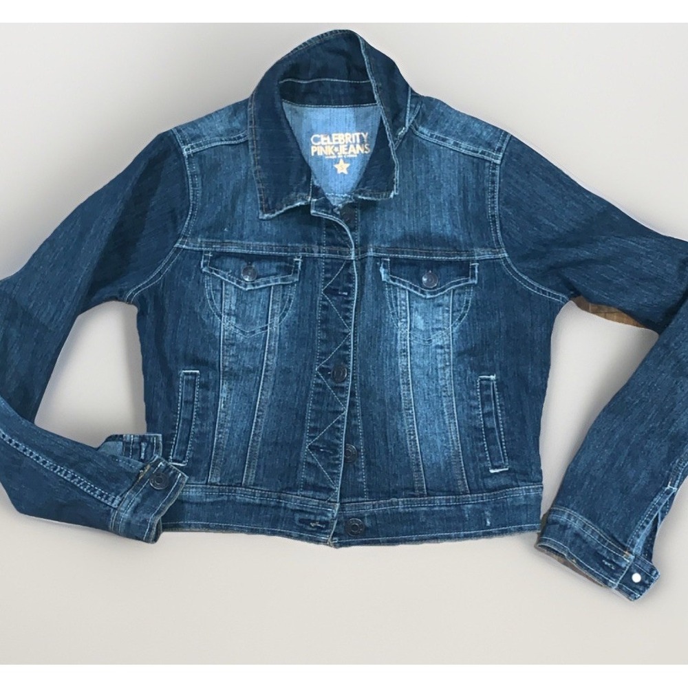 Celebrity Pink Dark Blue Denim Jacket S Collared Button Pocket Long Sleeve Y2K